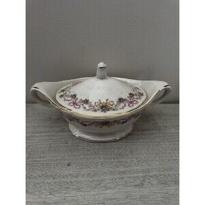 Vintage Edwin M Knowles Covered Vegetable Bowl Pink Roses Gold Trim